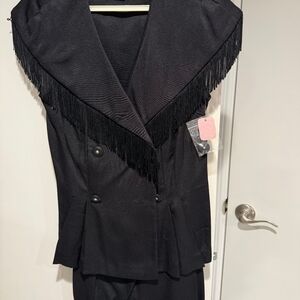 Elegant Black Double-Breasted Skirt Set With Fringe Sleeves